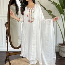 KALINI Floral Embroidered Straight Notch-Neck Kurta With Trouser & Dupatta-58