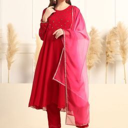 Sangria Floral Sequinned Round Neck A-Line Georgette Kurta With Trousers And Dupatta-picture-28