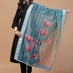Kaizen TEXO FAB Floral Printed Sequinned Chanderi Cotton Dupatta-7