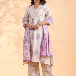GULMEHAK Floral Printed V-Neck Pure Cotton Kurta With Palazzos & Dupatta-picture-6