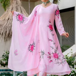 Brand Hill Women Floral Printed Regular Silk Chiffon A-Line Kurta with Trousers & Dupatta-picture-9