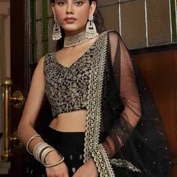 ODETTE Floral Embroidered Thread Work Soft Net Semi-Stitched Lehenga & Blouse With Dupatta image 2