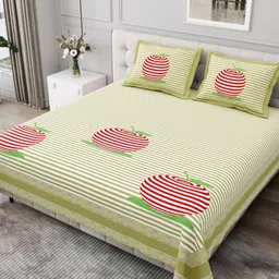 BED-SHEET.COM Lime Green & White Striped Printed 250 TC Cotton King Bedsheet Set-image-4