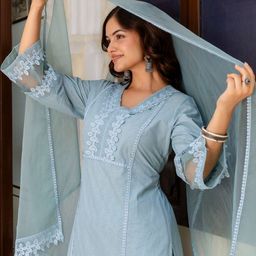 KALINI Women Regular Thread Work Pure Cotton Kurta with Trousers & With Dupatta-picture-7