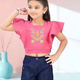 Lei-Chie Girls Embroidered Short Sleeves Linen Crop Top With Shorts-picture-39