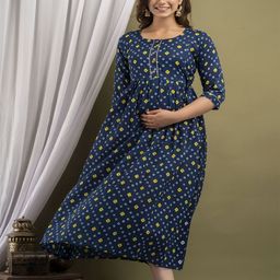 BAESD Women Maternity Geometric Printed Cotton Fit and Flare Maxi Dress-image-14