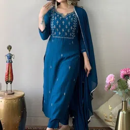 HERE&NOW Ethnic Motifs Embroidered Regular Straight Kurta with Pyjamas & Dupatta-57