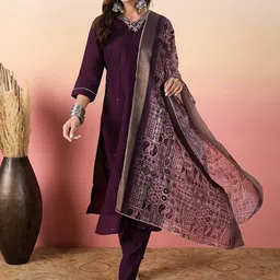 Sangria Embroidered A-Line Kuta With Pyjamas & Dupatta-50