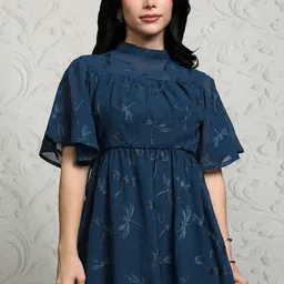 Vishudh Embroidered Flutter Sleeve Fit & Flare Dress-image-9