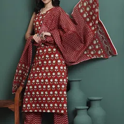 NYPA Ethnic Motifs Printed V-Neck Pure Cotton Straight Kurta With Palazzos & Dupatta-picture-20