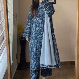 MANOJAVA Floral Printed Notch Neck Straight Kurta With Trousers & Dupatta-image-34