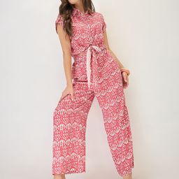 Globus Shirt Collar Extended Sleeves Abstract Print Cut Out Detail Waist Tie-Up Jumpsuit-18