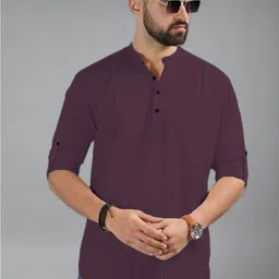 Vida Loca Men Mandarin Collar Roll-Up Sleeves Kurta-picture-15