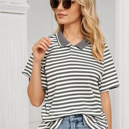 VIMAL JONNEY Women Striped Polo Collar Drop-Shoulder Sleeves Monochrome Pockets T-shirt-image-56