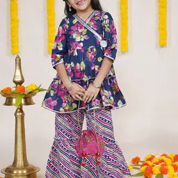 KiddoPanti Girls Floral Printed Pure Cotton A Line Kurta with Sharara-picture-22