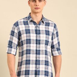 Linen Club Men Spread Collar Tartan Checked Linen Casual Shirt-image-13