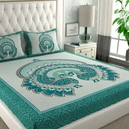 Lali Prints Sea Green & Green Printed Cotton 180 TC Queen Bedsheet Set 2.28 m x 2.54 m-picture-2