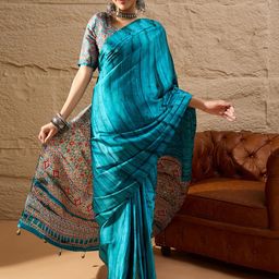Sangria Women Light Blue Crepe Printed Party Wear Saree with Matching Blouse-picture-32
