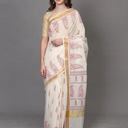 Exotic India Transparent-Yellow Cotton Saree with Paisley Print-image-91