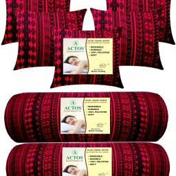 Combo Set of 5 Cushion And 2 Bolster Microfibre Geometric Bolster Pack of 7-3