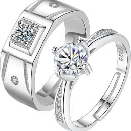 Queen & King Sterling Silver Plated Zirconia Adjustable (Resizable) Couple Rings Sterling Silver Swarovski Zirconia Sterling Silver Plated Ring Set-image-49