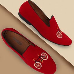 FAUSTO Men Red & White Embroidered Velvet Loafers-image-43