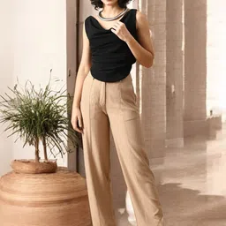 Womenster Women Cowl Neck Ruched Crepe Fitted Top-picture-27