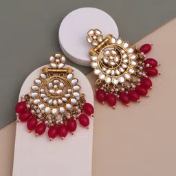 BELWICK Brass-Plated Kundan Studded And Pearls Circular Shaped Drop Earrings-image-57