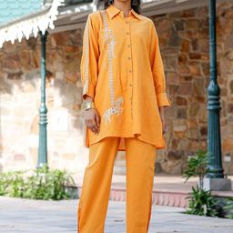 AUTUMN LANE Tridhara Tangerine Embroidered Pure Cotton Shirt With Trousers Co-Ords-image-95
