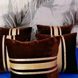 JDX Brown & Gold-Toned 5 Pieces Striped Velvet Square Cushion Covers-picture-25