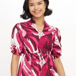DressBerry Women Printed Mandarin Collar Puff Sleeves Peplum Top-image-90