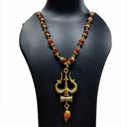Rudraksha mala Gold-Plated Trishul Locket Pendant rudraksha Gold-plated Plated Wood Chain-image-51