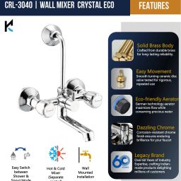 kamal Wall Mixer Crystal Eco | Fully Brass | With Provision for overhead shower connection and 165mm long bend pipe) | Easy to use click fitting Mixer Faucet image 5