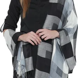 Checkered Cotton Viscose Blend Women White, Black Scarf, Stole, Fancy Scarf-picture-6