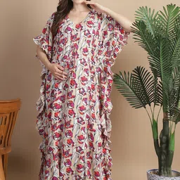 Secret Wish Floral Printed V-Neck Maxi Maternity Kaftan Nightdress-image-73