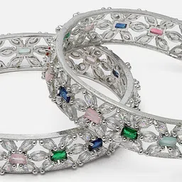 ZENEME Set Of 2 Rhodium-Plated American Diamond-Studded Bangles image 3