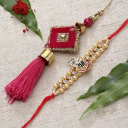 PANASH Unisex Gold Coloured & White Stone Studded & Beaded  Rakhi With Lumba-image-37