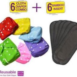 Adjustable Size Reusable Baby Pocket Cloth Diapers With Charcoal Color Inserts Combo Pack (6 Multicolor Diaper + 6 Insert)-image-63