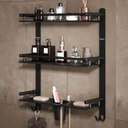 Bathroom rack with tumbler, 2 soap dish, 4 brush holder, and 2 dual hooks BLACK MATTE Towel Holder-image-59