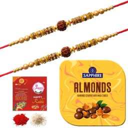 Combo Sapphire Square Tin Almond 90G Choco,2 Rakhi Set,1Pack Roli Chawal (N461) Assorted Gift Box-image-31