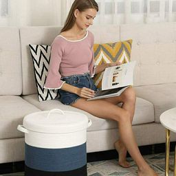 Textile and Beyond White & Grey Color Blocked Laundry Basket With Lid image 1