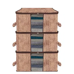 Kuber Industries Brown 3-Pieces Printed Large Underbed Storage Bag-32