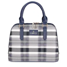 THE CLOWNFISH Navy Blue Checked Leather Structured Handheld Bag-15