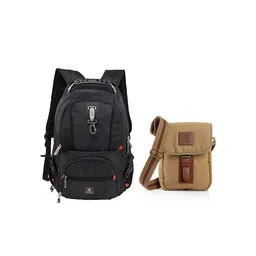 SWISS MILITARY Unisex Set of 2 Black & Beige Laptop Backpack & Canvas Sling Bag-56