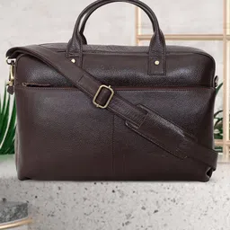 OLIVE MIST Unisex Brown & Gold-Toned Textured Leather Laptop Bag-10