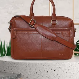 OLIVE MIST Unisex Tan Leather Laptop Bag-image-7