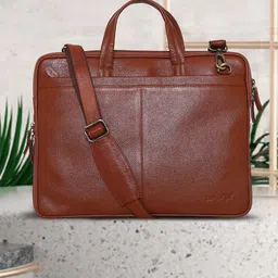 OLIVE MIST Unisex Tan & Silver-Toned Leather Laptop Bag-image-4