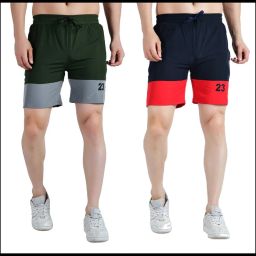 Pack of 2 Color Block Men Dark Green, Dark Blue Sports Shorts-image-95