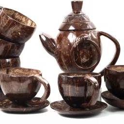 Pack of 1 Wooden N&H HandCarved Coconut Shell Curved Handle Design Teaset-image-50