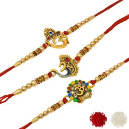 Religious Combo-1251 Gold Finish Rakhi, Greeting Card, Chawal Roli Pack Set-image-2